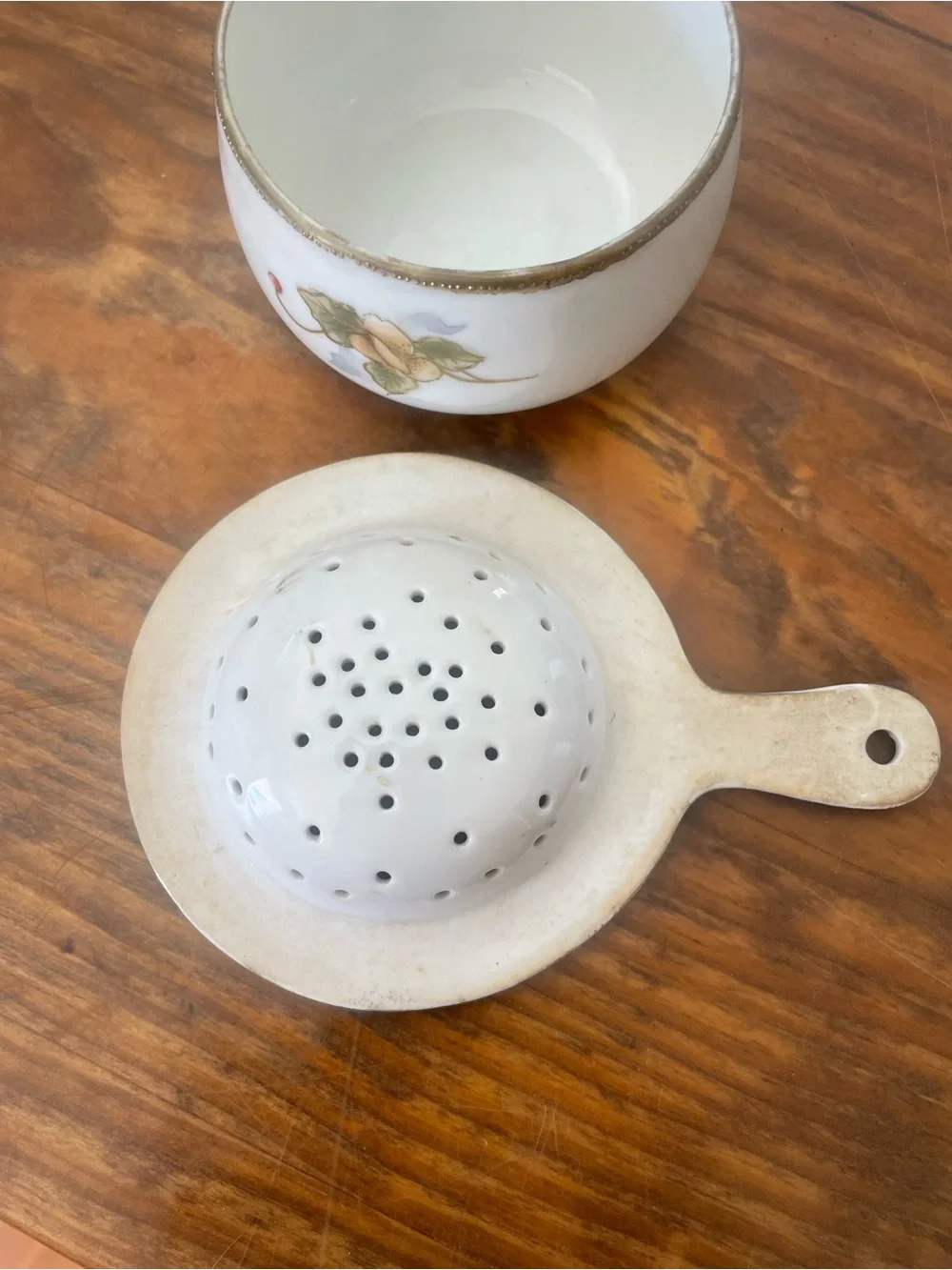 Vintage Handpainted Porcelain Tea Strainer & drip bowl with Floral accents RARE